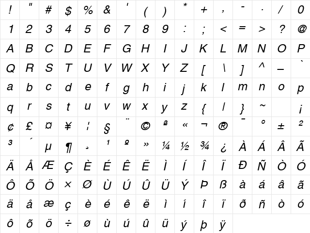 Sans ITALIC font glyphpreview