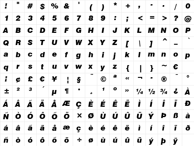 Swis721 Blk BT Black Italic font glyphpreview