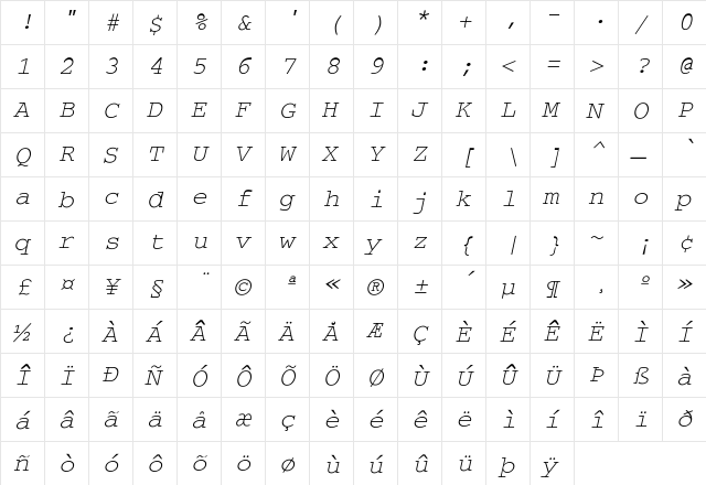 Typewriter-Oblique Regular font glyphpreview