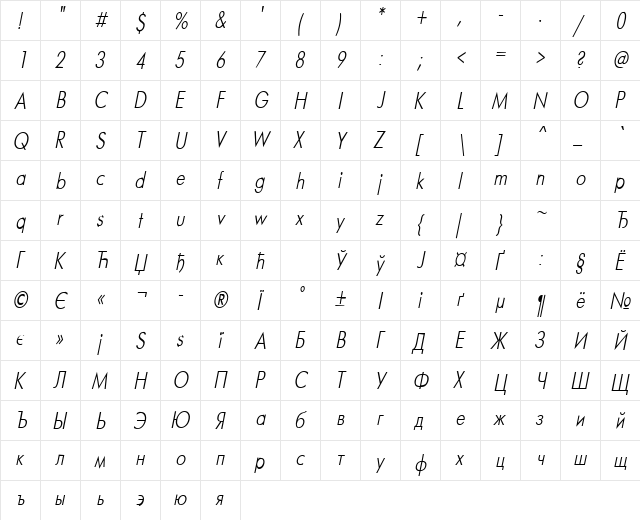 Futura Narrow Italic font glyphpreview