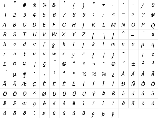 URWLinearTExtNar Oblique font glyphpreview