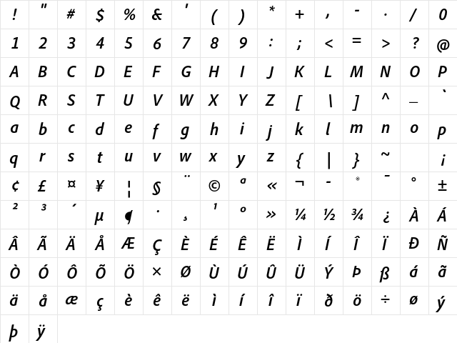 Adobe Clean SemiCondensed Bold Italic font glyphpreview