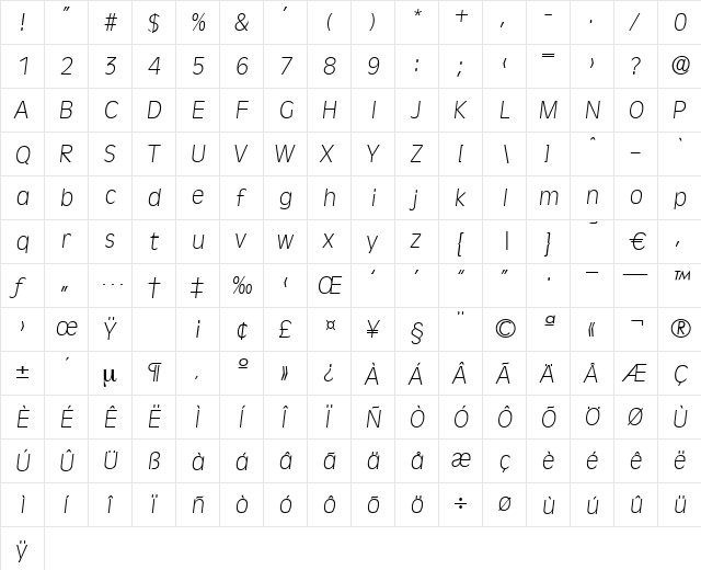 Ravenna-XlightIta Regular font glyphpreview