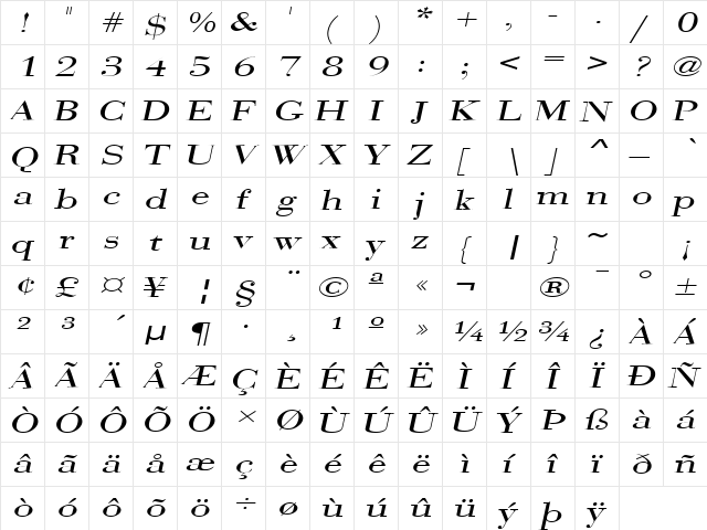 SweezExtended Italic font glyphpreview