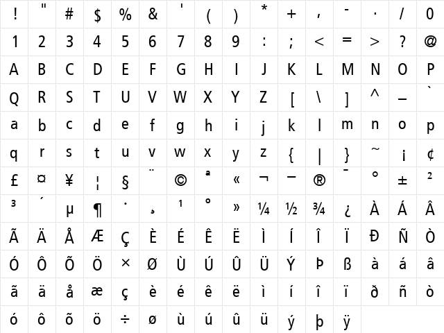 Frutiger57-Condensed Roman font glyphpreview