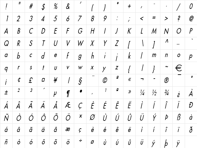 FusiCondensed Italic font glyphpreview