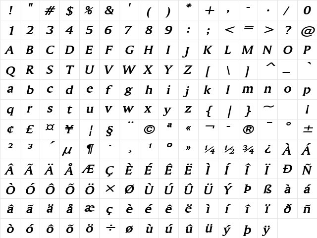 Ameretto Wide BoldItalic font glyphpreview