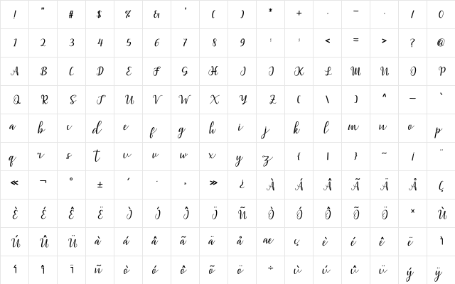 millea script Regular font glyphpreview