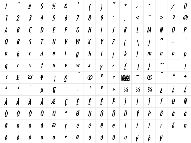 FuturistCondensed Italic font glyphpreview