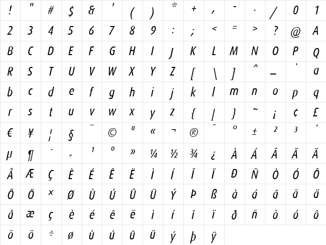 DaxCondensed-RegularItalic Regular font glyphpreview
