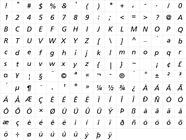 Frutiger LT Com 56 Italic font glyphpreview