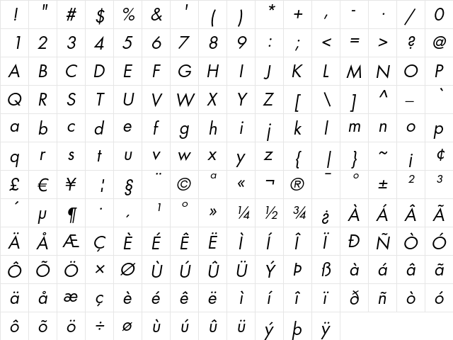 Futura LT Book Oblique font glyphpreview