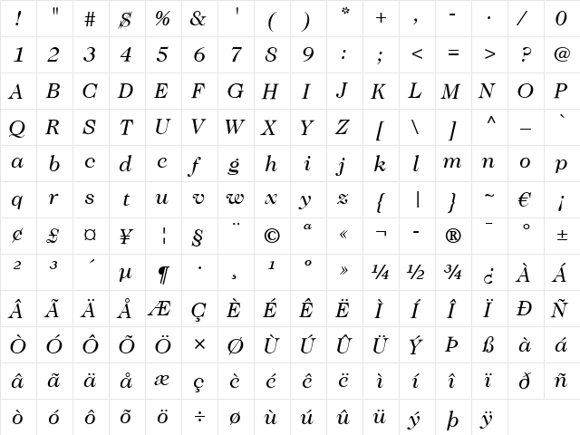 Caslon 224 LT Book Italic font glyphpreview