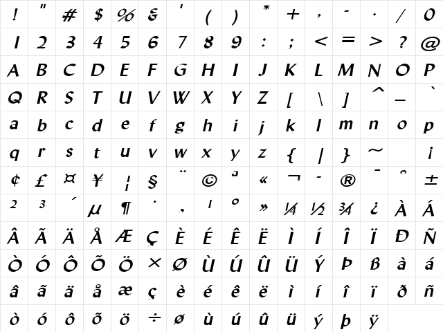 Lynda-Extended Bold Italic font glyphpreview