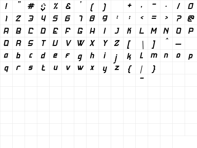 Future Techno Italic Regular font glyphpreview
