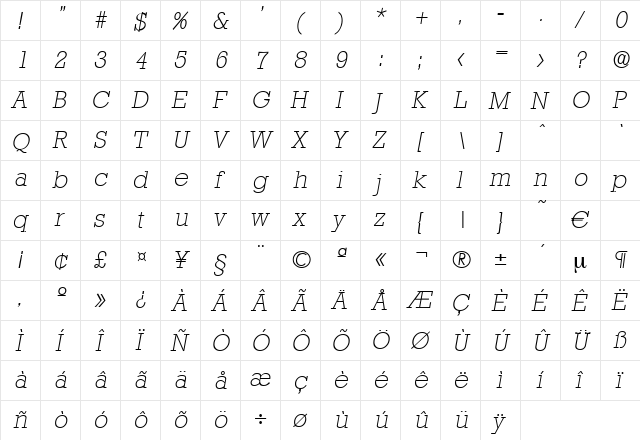 Stafford-XlightIta Regular font glyphpreview