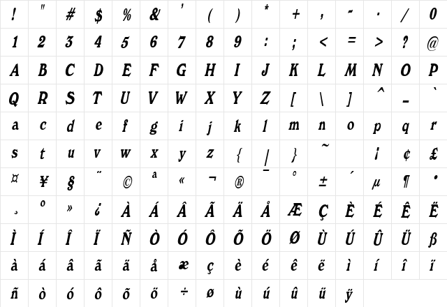 BuckinghamCondensed Italic font glyphpreview