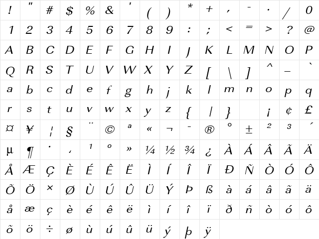 URWImperialTExtWid Oblique font glyphpreview