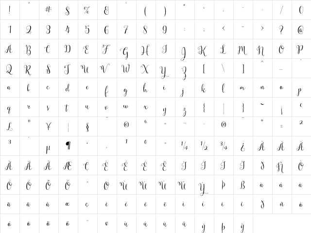 Mulberry Script Regular font glyphpreview