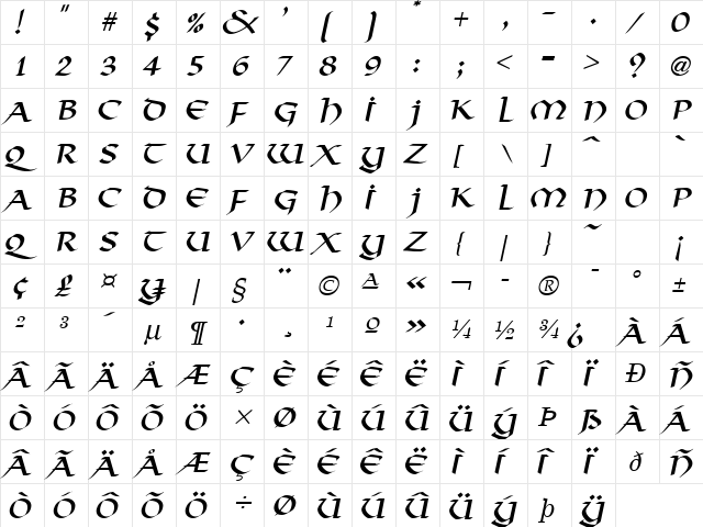 Valhalla Italic font glyphpreview