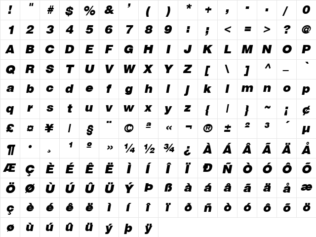 SwitzerlandBlack Italic font glyphpreview