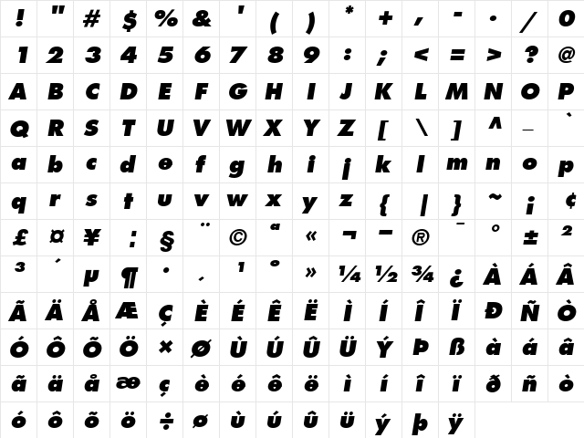 Futura-ExtraBold Extra BoldItalic font glyphpreview