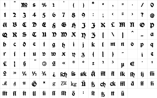 Moderne Fette Schwabacher Regular font glyphpreview