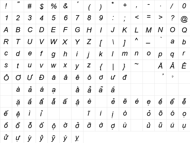 .VnArial Italic font glyphpreview