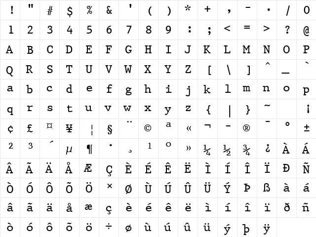 Prestige12 BT Roman font glyphpreview