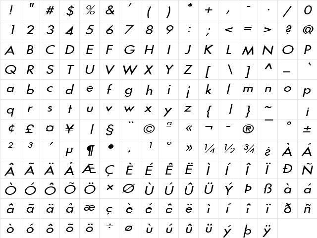 Fusi-Extended Italic font glyphpreview