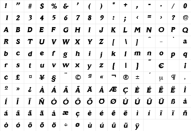 Veracruz-BoldIta Regular font glyphpreview