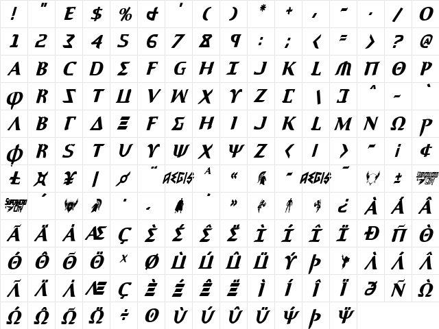 Aegis Condensed Italic Condensed Italic font glyphpreview