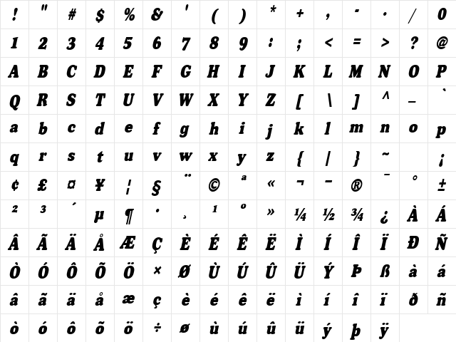 Broadside-Condensed Italic font glyphpreview