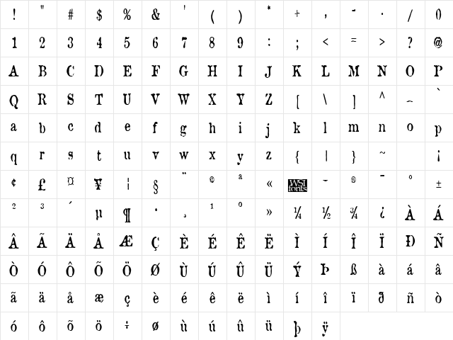 BrunineCnd Regular font glyphpreview