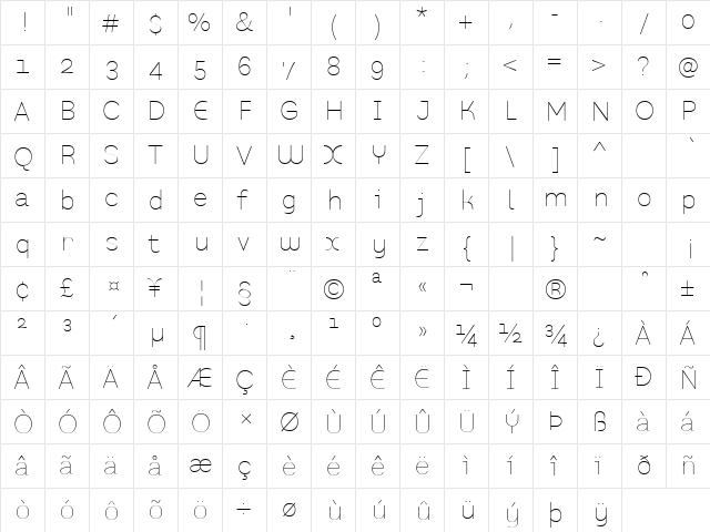 PrefaceThin Regular font glyphpreview
