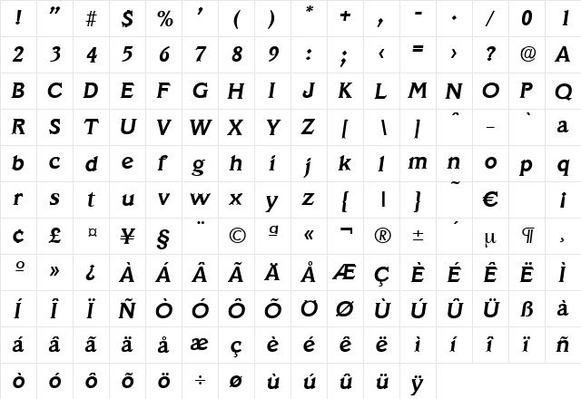 Veracruz-DemiBoldIta Regular font glyphpreview