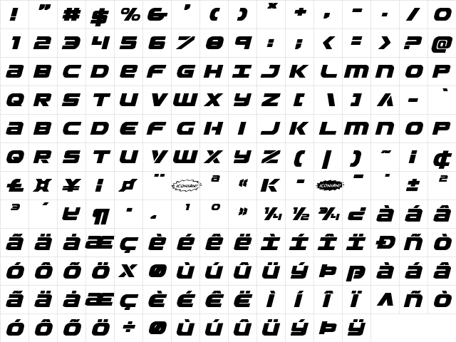 Ozda Expanded Italic Expanded Italic font glyphpreview