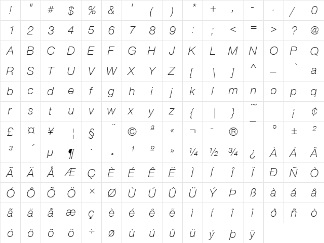 NimbusSanNovTLig Italic font glyphpreview