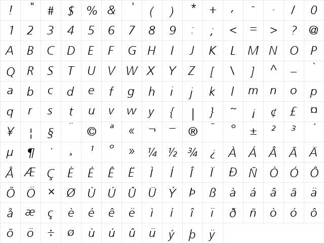 Frutiger46-Light LightItalic font glyphpreview