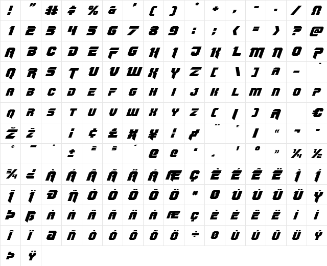 OmegaForce Expanded Italic Expanded Italic font glyphpreview
