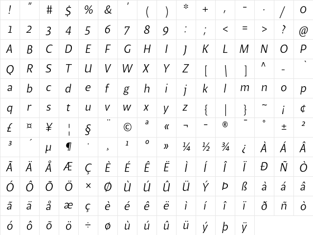 Beret LT Std Book Italic font glyphpreview