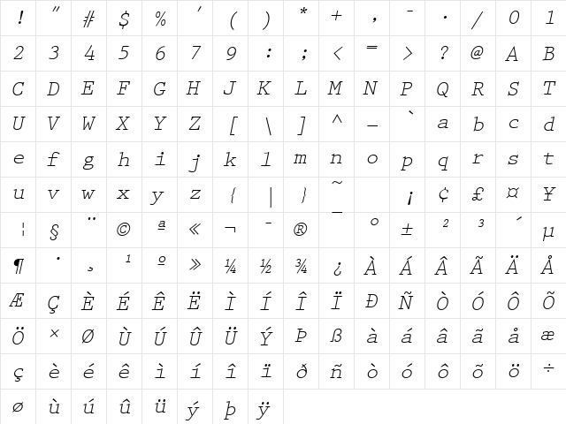 PrestigeEliM Oblique font glyphpreview