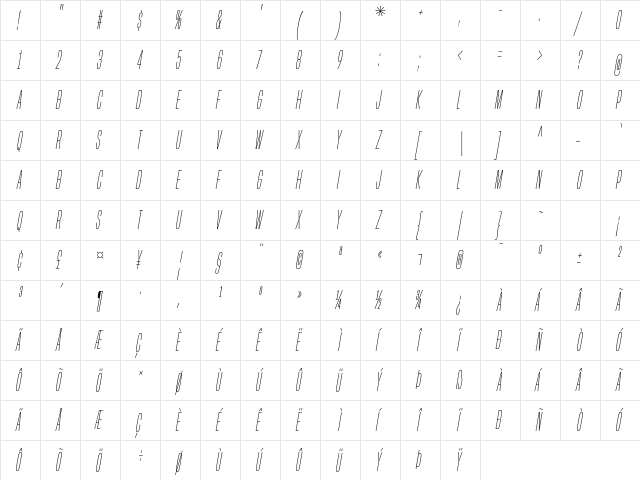 Built Titling ExtraLight Italic font glyphpreview