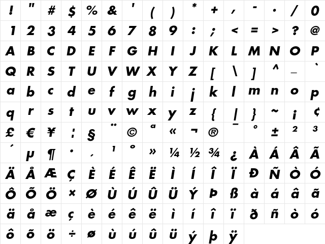 Futura LT Bold Oblique font glyphpreview