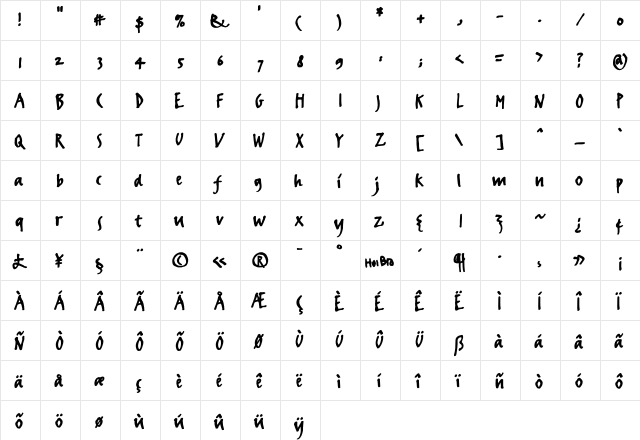 FFErikrighthand Regular font glyphpreview