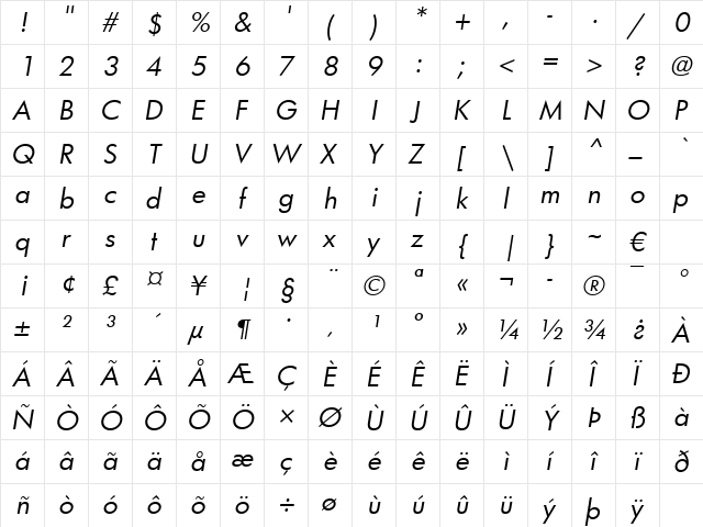 Futura Bk Book Italic font glyphpreview