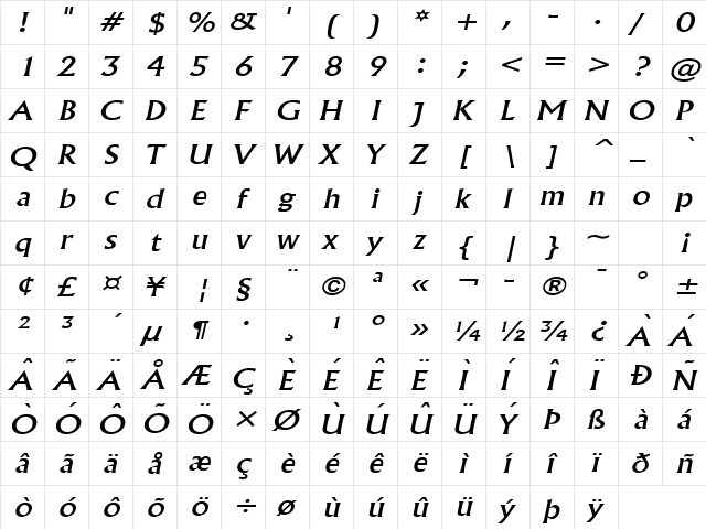 Flair Wide Italic font glyphpreview