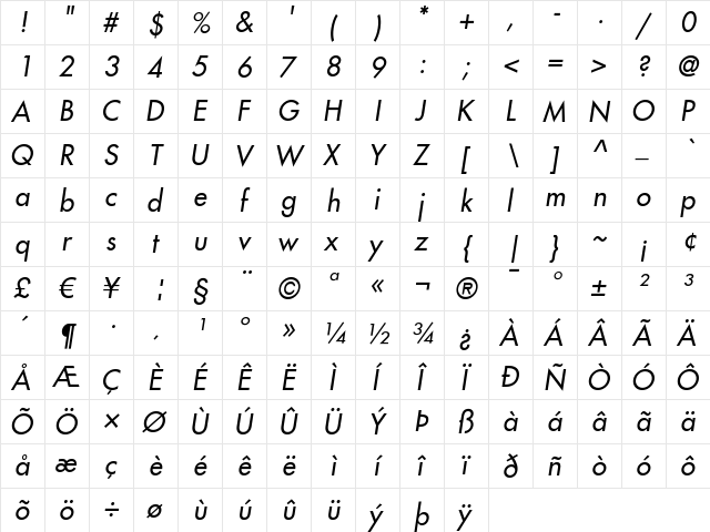 Futura LT Oblique font glyphpreview