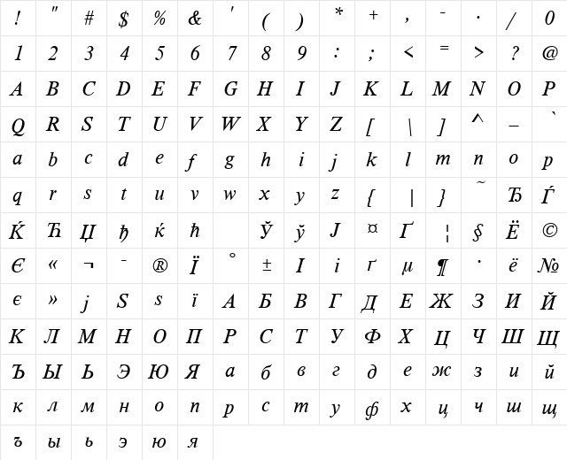 TimelessTCYLig Italic font glyphpreview