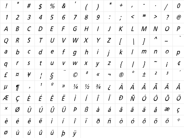 FrutigerCndObl-Normal Regular font glyphpreview